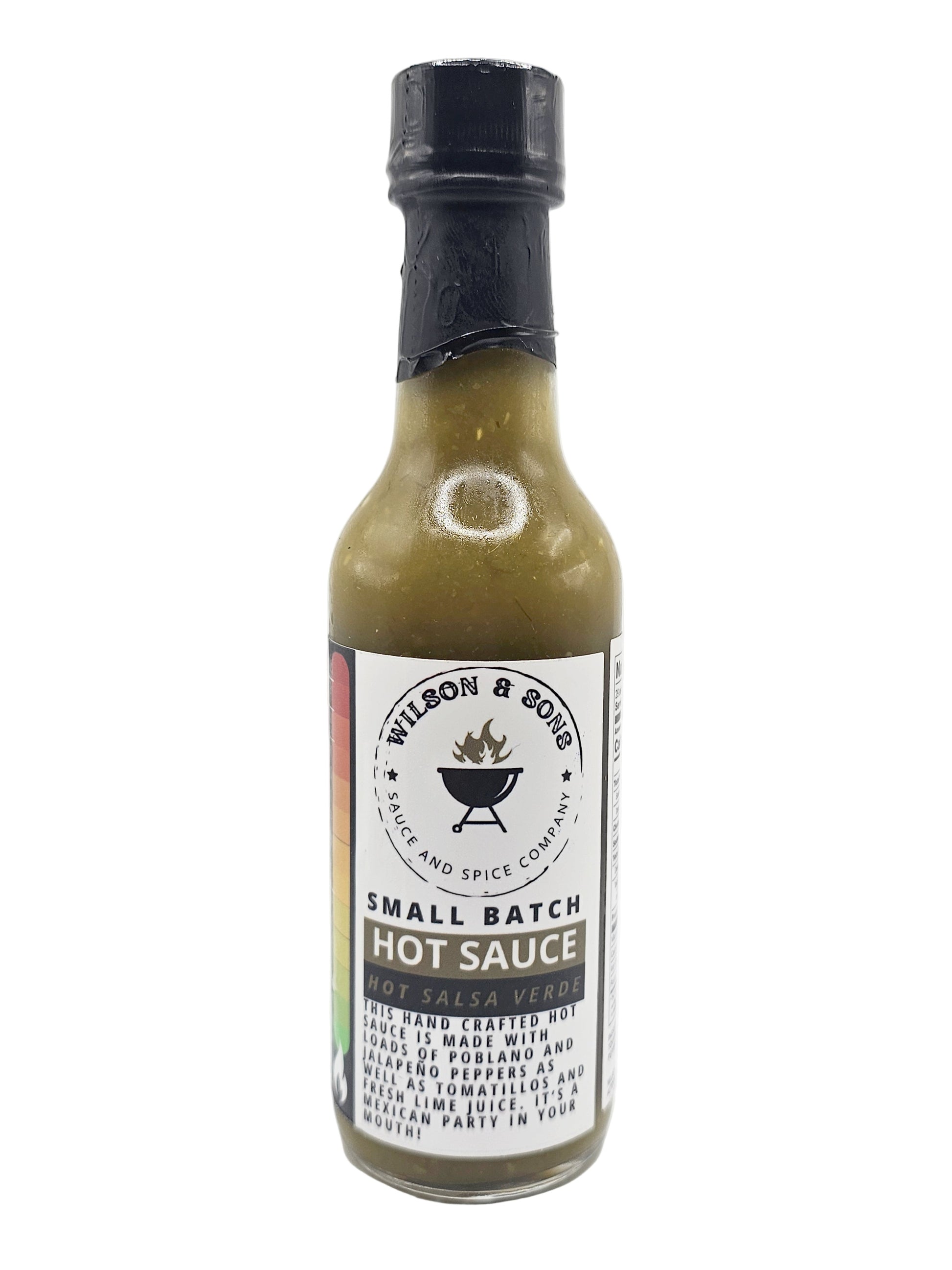 Bottle of Wilson & Sons Hot Salsa Verde hot sauce on a white background