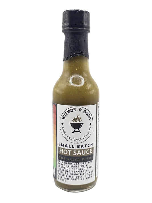Bottle of Wilson & Sons Hot Salsa Verde hot sauce on a white background