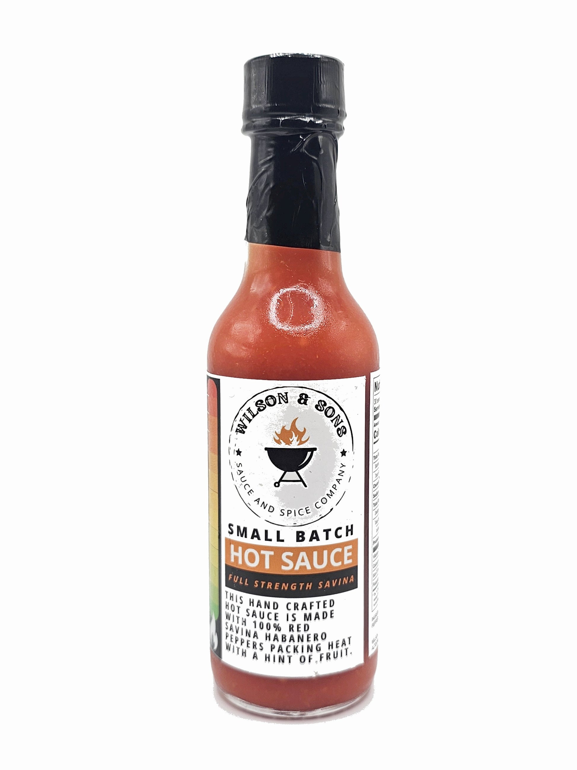 Bottle of Wilson and Sons Savina hot sauce with a black cap on a white background