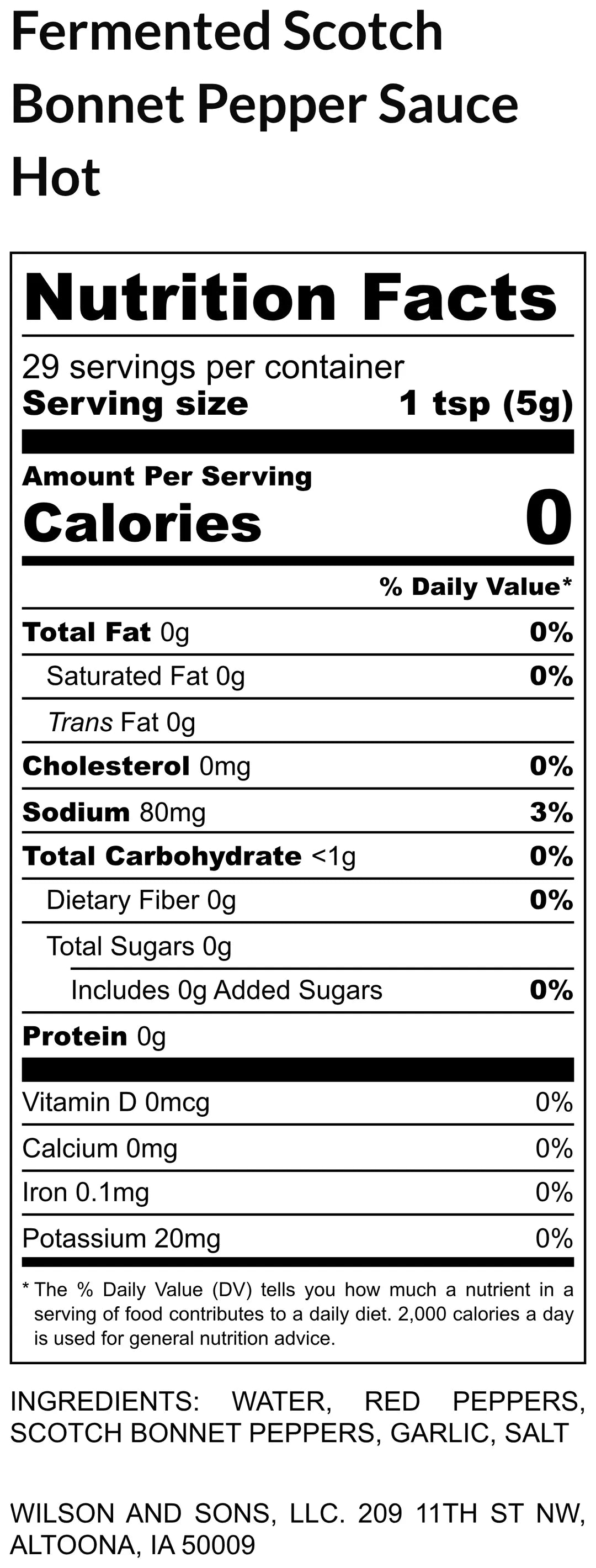 Nutrition facts label for a fermented Scotch Bonnet Pepper Sauce container