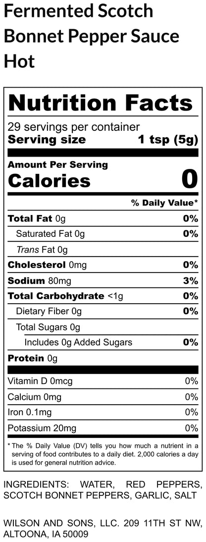 Nutrition facts label for a fermented Scotch Bonnet Pepper Sauce container