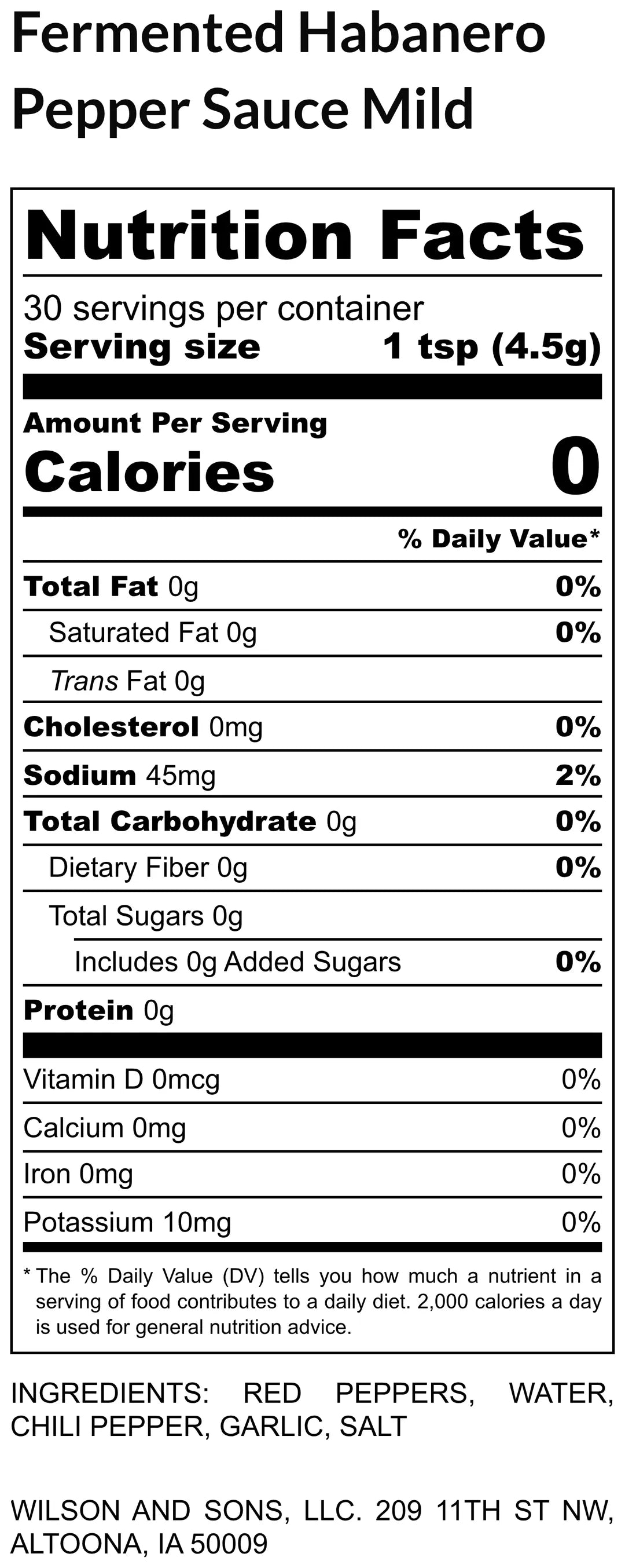 Nutrition facts label for Wilson and Sons fermented habanero pepper sauce mild