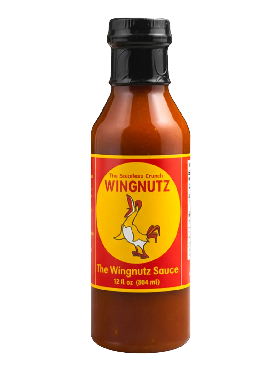 Bottle of Wingnutz Hot Sauce on a white background