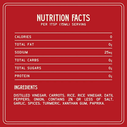 Nutrition facts label with ingredients on a red background for Zab's Original Hot Sauce