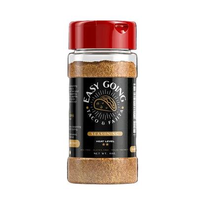 Easy Going Taco and Fajita Spice jar with red lid and black label on a white background
