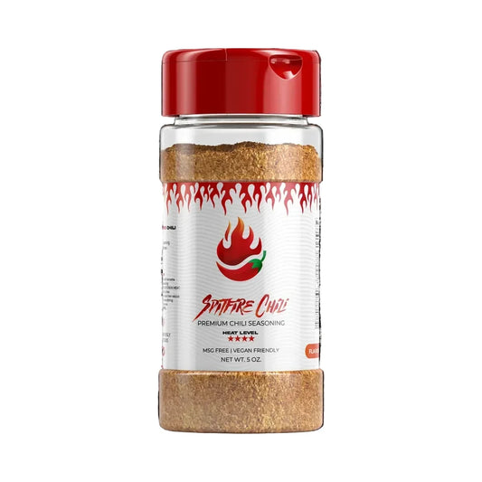 Spice jar labeled 'Spitfire Chili' with a red lid on a white background