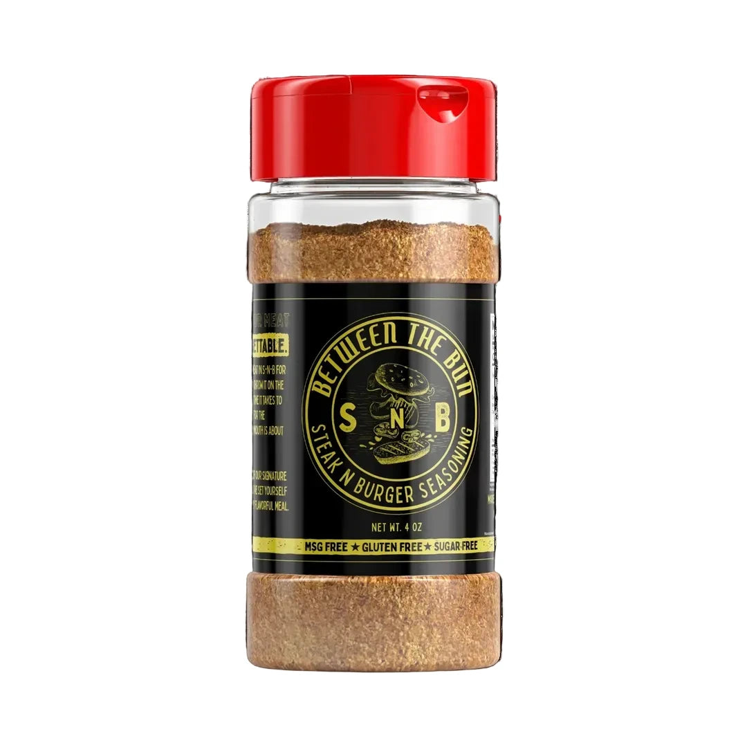 Spice jar with red lid and black label on a white background