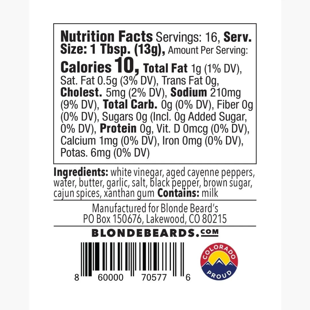 Nutrition facts label and ingredients list for Blonde Beard's Black Magic Buffalo Hot Sauce