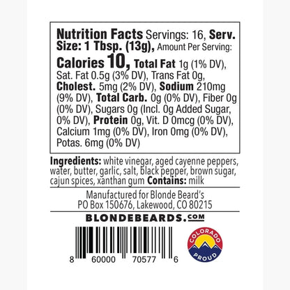 Nutrition facts label and ingredients list for Blonde Beard's Black Magic Buffalo Hot Sauce