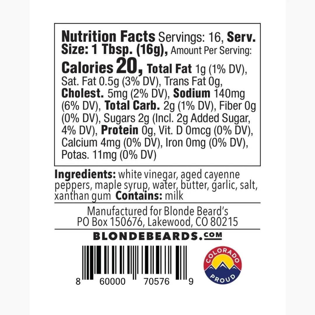 Nutrition facts label and ingredients list for a product by Blonde Beards on a white background.