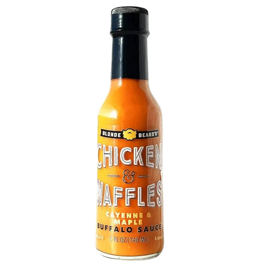 Bottle of 'Chicken & Waffles' cayenne and maple buffalo sauce on a white background