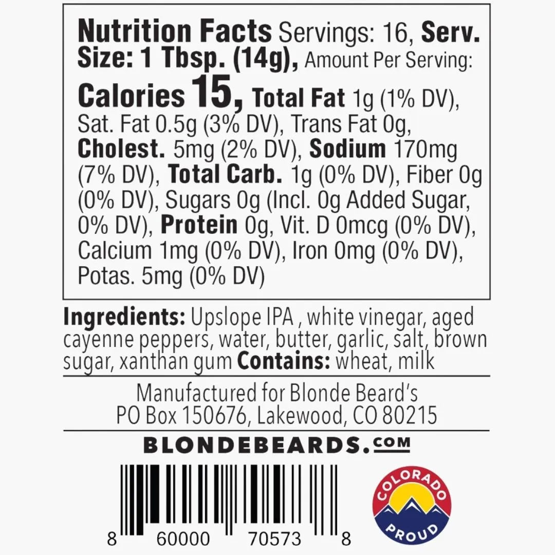 Nutrition facts label and ingredients list for a product by Blonde Beard's on a white background.