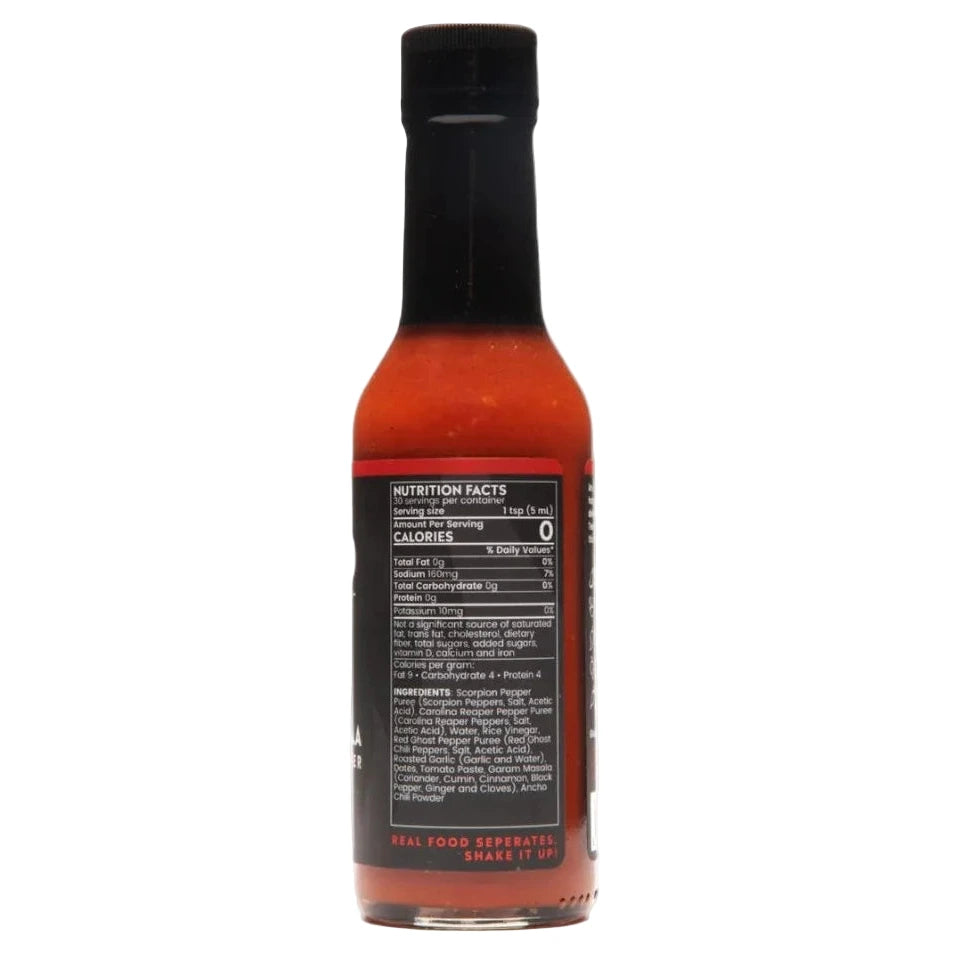Bravado Ancho Masala Scorpion Reaper Hot sauce bottle with black cap on a white background