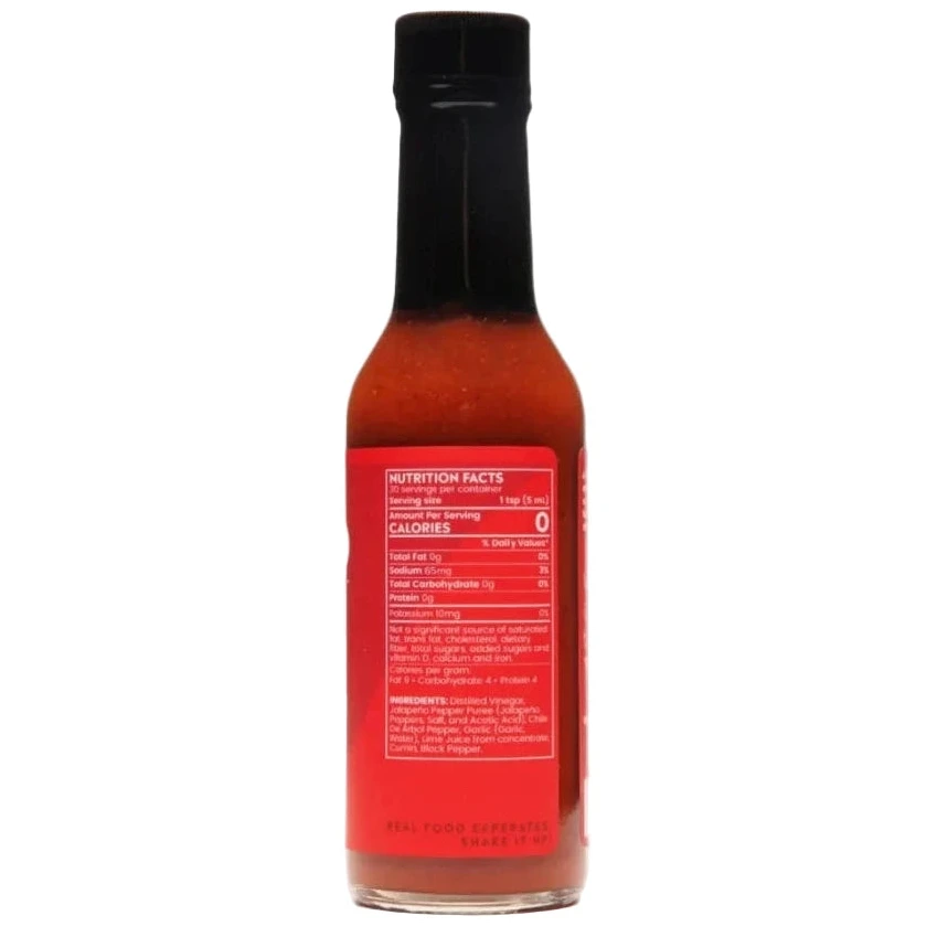 Bottle of Bravado Arbol Chili and garlic hot sauce with a nutrition label