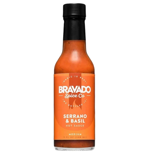 Bravado Spice Co Serrano & Basil hot sauce bottle 