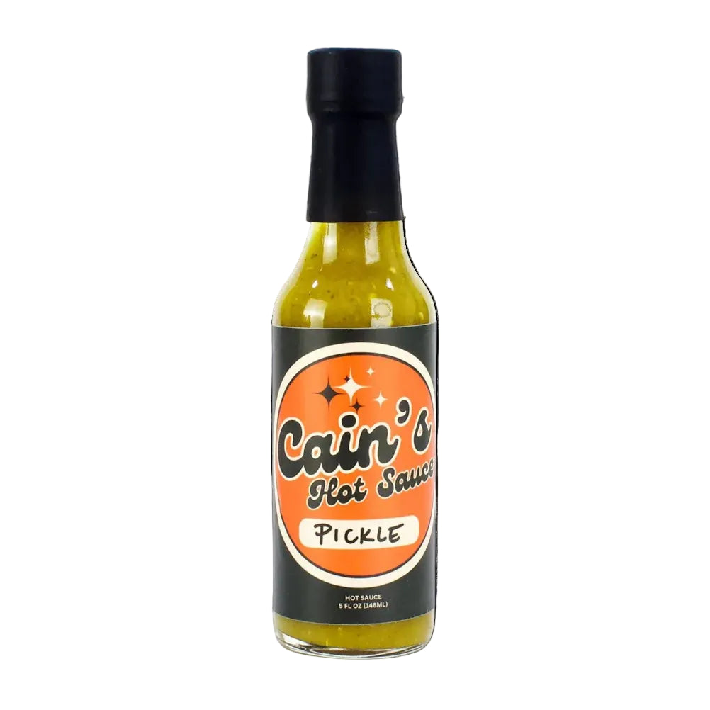 Bottle of Cain's Hot Sauce Pickle on a white background