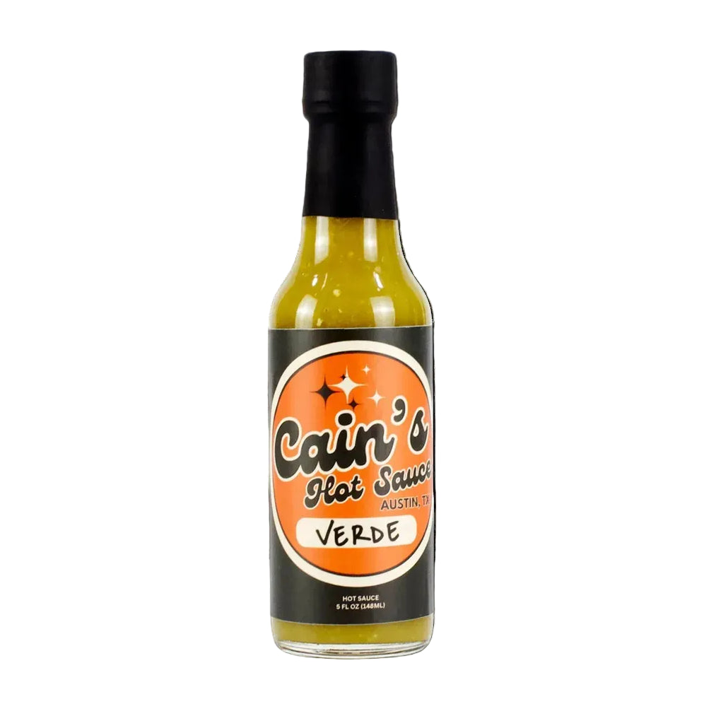 Bottle of Cain's Hot Sauce Verde on a white background