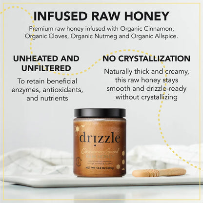 Drizzle Infused Raw Honey jar with product details on a light background