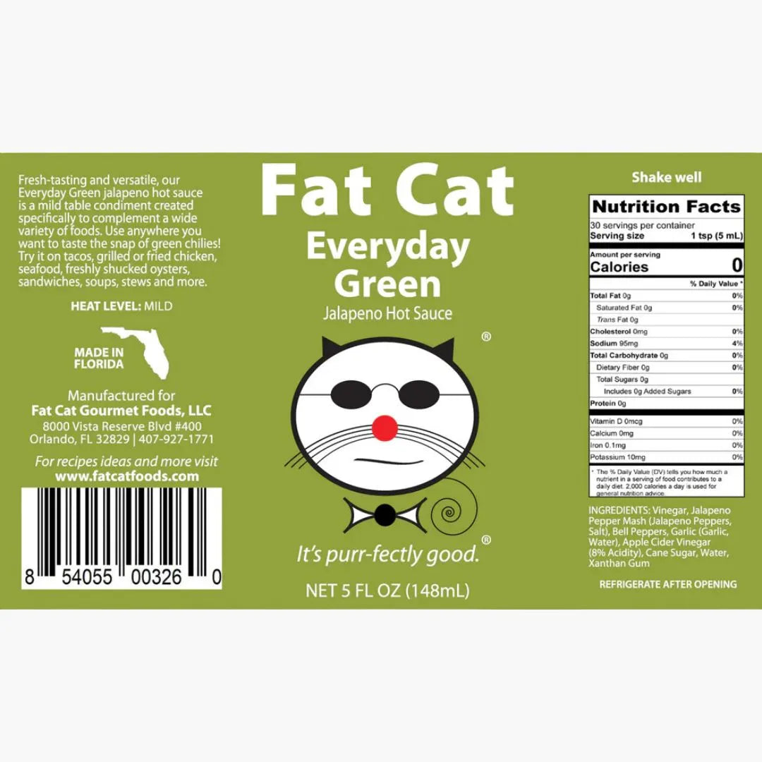 Label of Fat Cat Everyday Green Jalapeno Hot Sauce with a cat face graphic and nutrition facts.