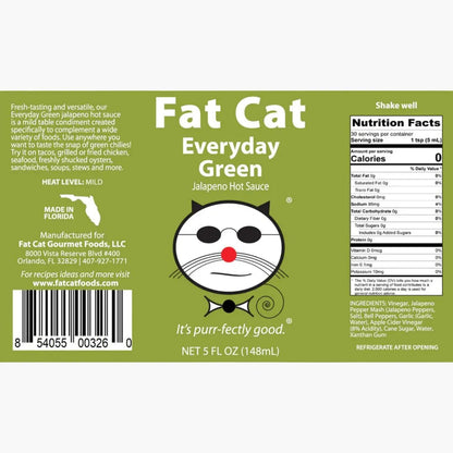 Label of Fat Cat Everyday Green Jalapeno Hot Sauce with a cat face graphic and nutrition facts.
