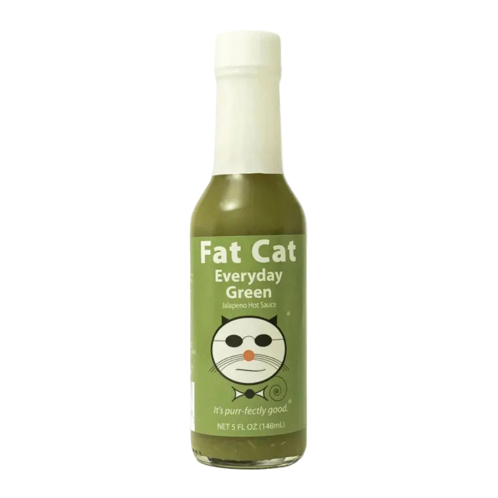 Green bottle of 'Fat Cat Everyday Green' hot sauce on a white background