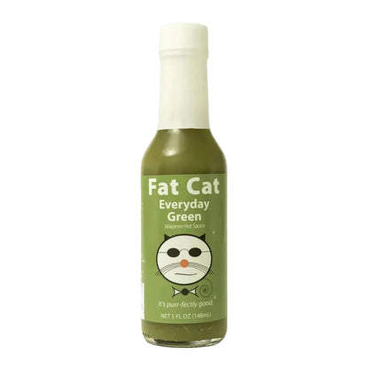 Green bottle of 'Fat Cat Everyday Green' hot sauce on a white background