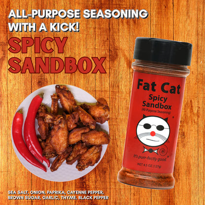 Spicy Sandbox seasoning bottle with fried wings and red peppers on a wooden background