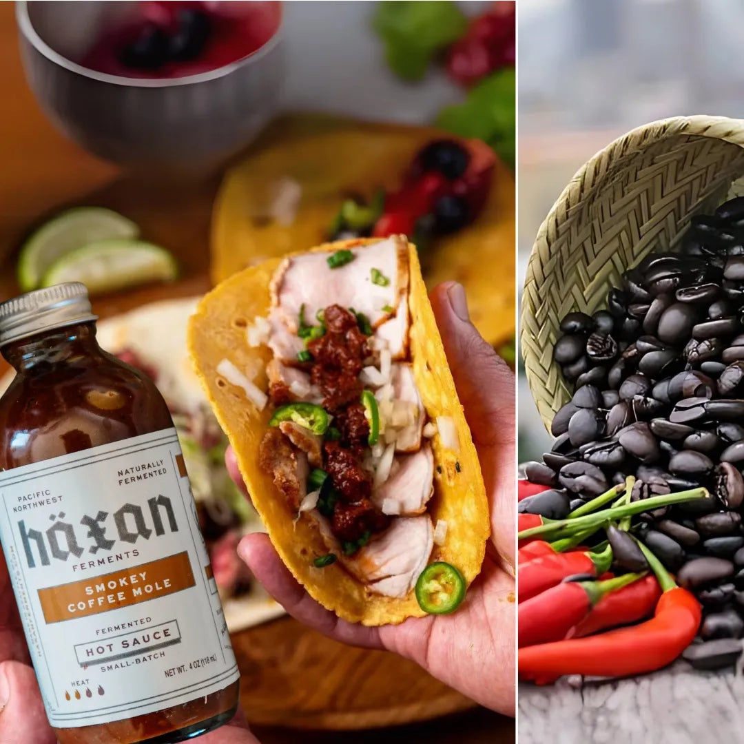 Taco with håkan Smokey Coffee Mole hot sauce and beans and peppers on a wooden surface