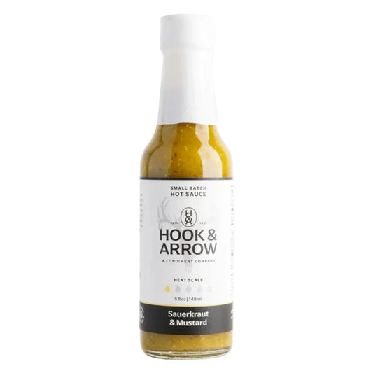 Hook & Arrow hot sauce bottle with label on a white background