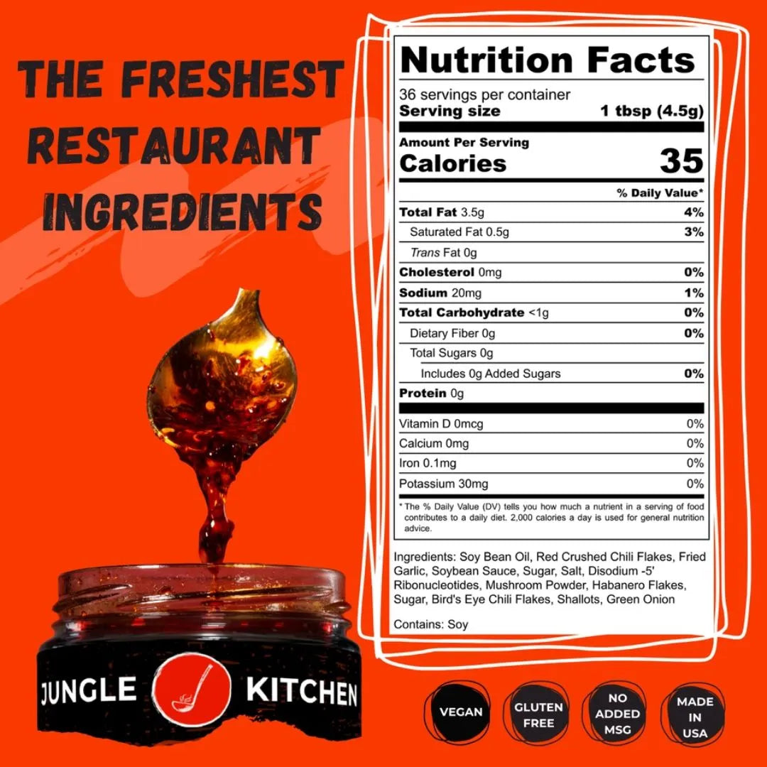 Jungle Kitchen product with nutrition facts label on an orange background