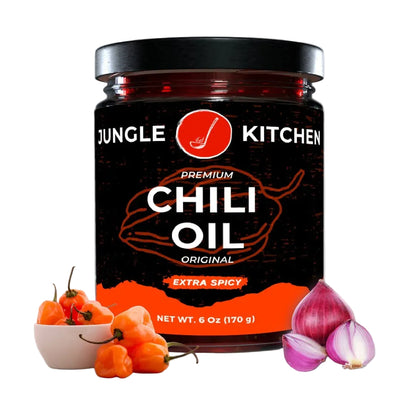 Jungle Kitchen chili oil jar with chili peppers and garlic on a white background
