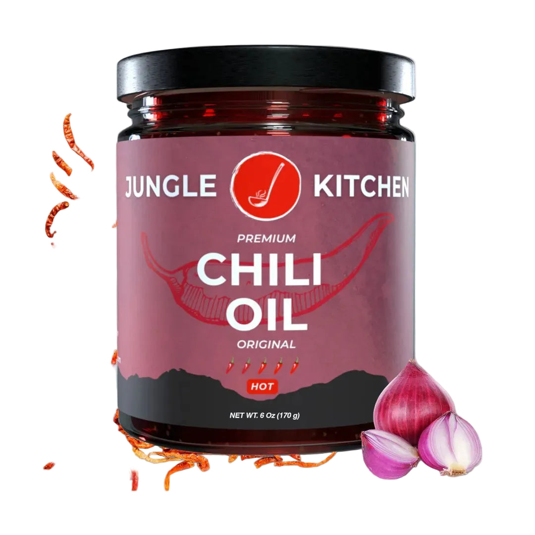Jungle Kitchen chili oil jar with chili peppers and onions on a white background