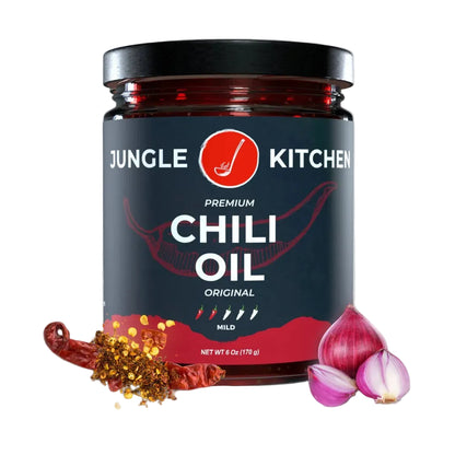 Jungle Kitchen chili oil jar with chili peppers and onions on a white background