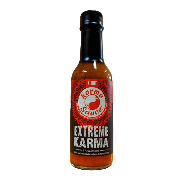 Bottle of Extreme Karma hot sauce
