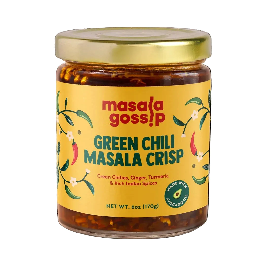 Jar of Green Chili Masala Crisp with yellow label on a white background