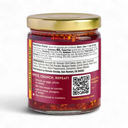 Jar of spicy food with nutritional facts and ingredients listed on a white background