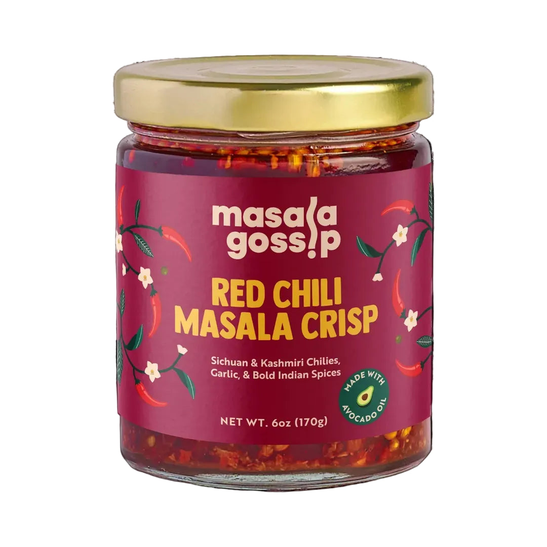 Jar of masala crisp with 'masala gossip' branding on a white background