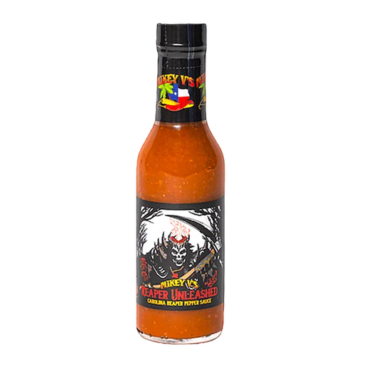 Hot sauce bottle with a black label featuring graphics on a white background