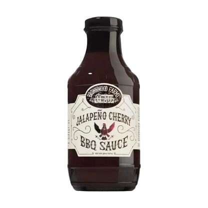 Bottle of Brownwood Farms Jalapeno Cherry BBQ Sauce on a white background