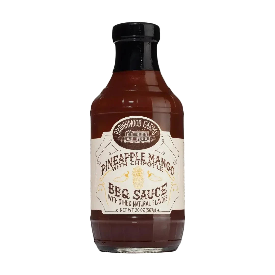 Bottle of Brownwood Farms Pineapple Mango with Chipotle BBQ Sauce on a white background