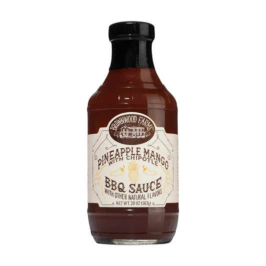 Bottle of Brownwood Farms Pineapple Mango with Chipotle BBQ Sauce on a white background