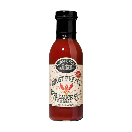 Bottle of ghost pepper BBQ sauce on a white background