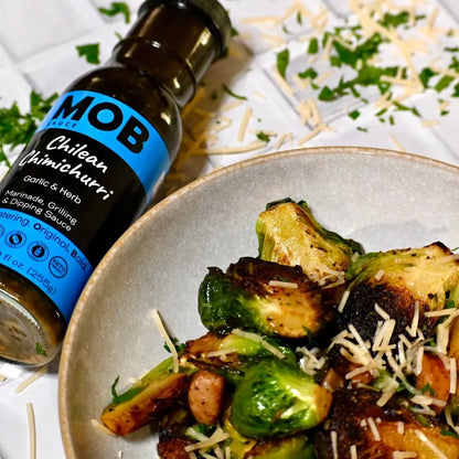 Brussels sprouts with MOB Chilean Chimichurri sauce on a plate