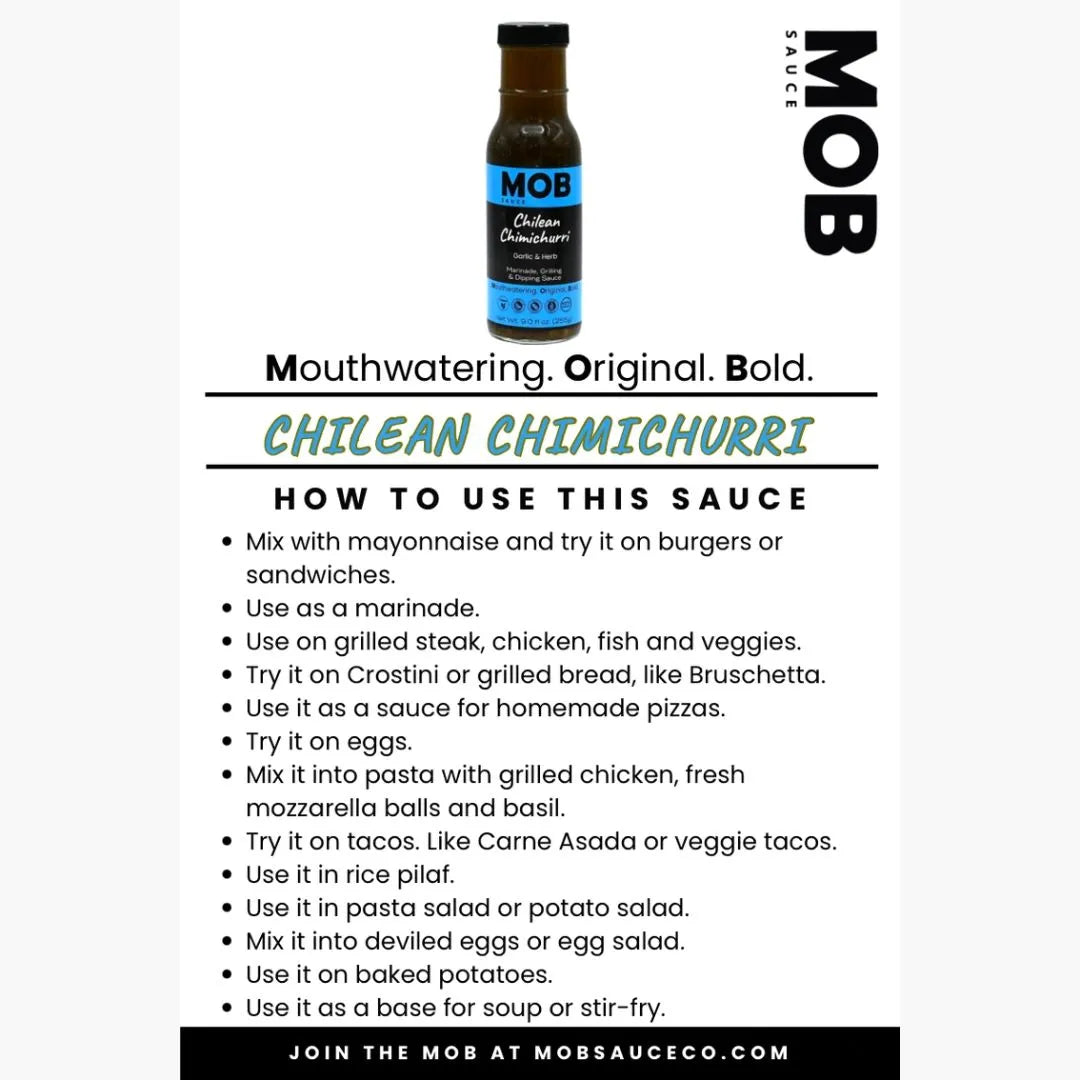MOB Chilean Chimichurri sauce bottle with usage instructions on a white background