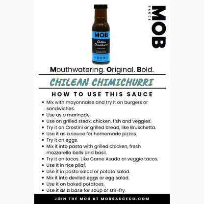 MOB Chilean Chimichurri sauce bottle with usage instructions on a white background