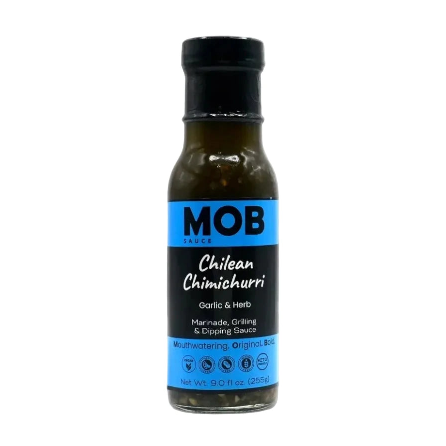 Bottle of MOB Chilean Chimichurri sauce on a white background