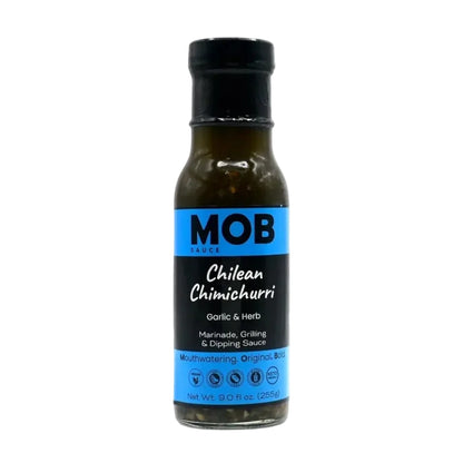 Bottle of MOB Chilean Chimichurri sauce on a white background