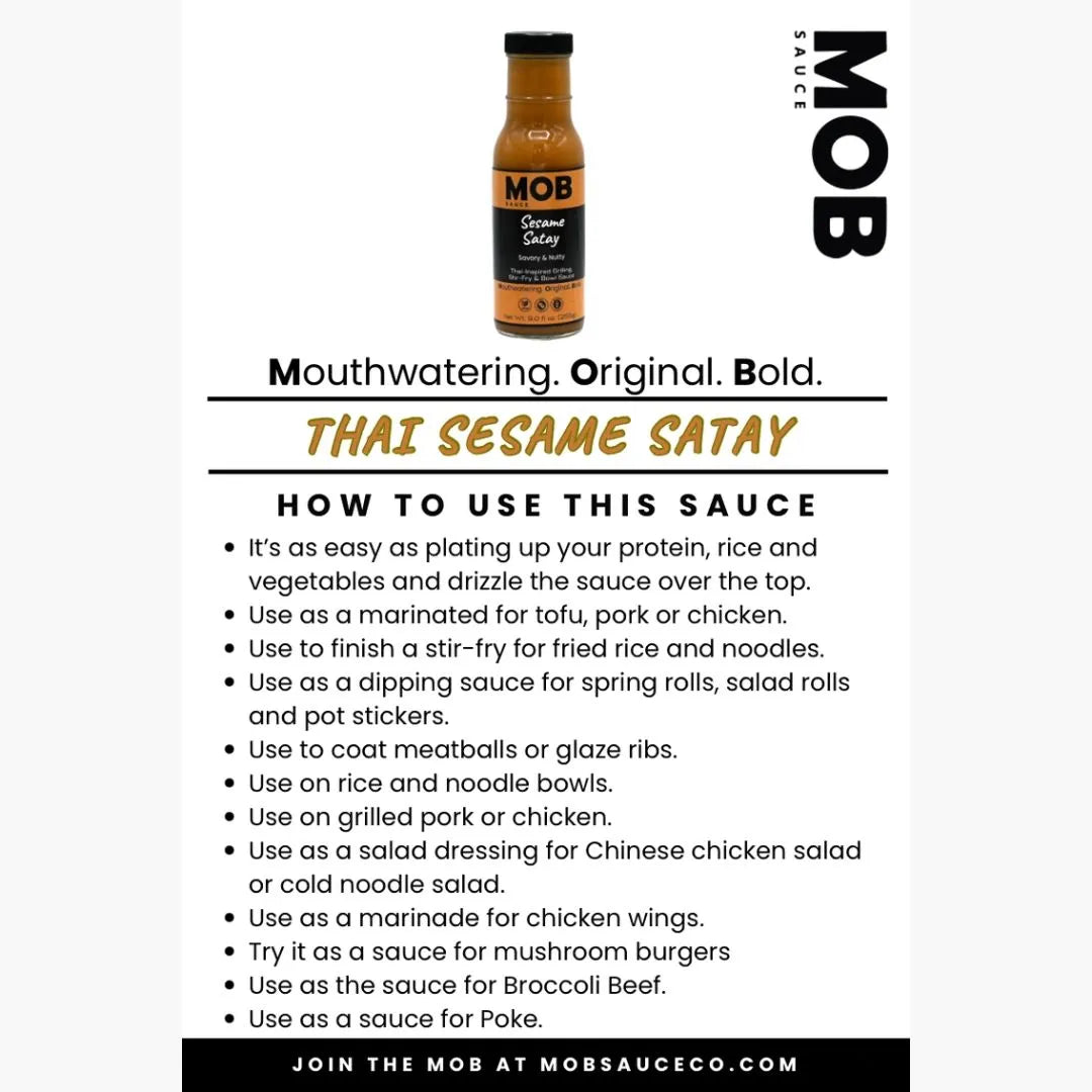 MOB Thai Sesame Satay sauce bottle with usage instructions on a white background