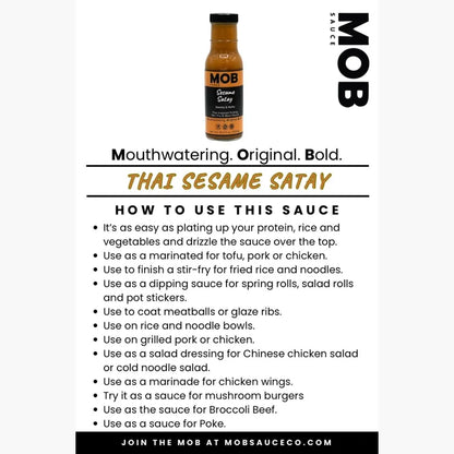 MOB Thai Sesame Satay sauce bottle with usage instructions on a white background