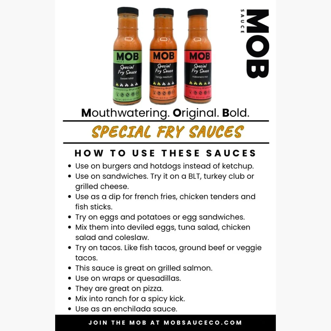 Three bottles of MOB Special Fry Sauces with usage instructions on a white background